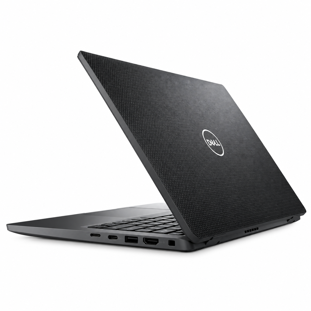 Dell Latitude 7400 laptop in black textured finish, with a slim profile, visible keyboard, and side ports.
