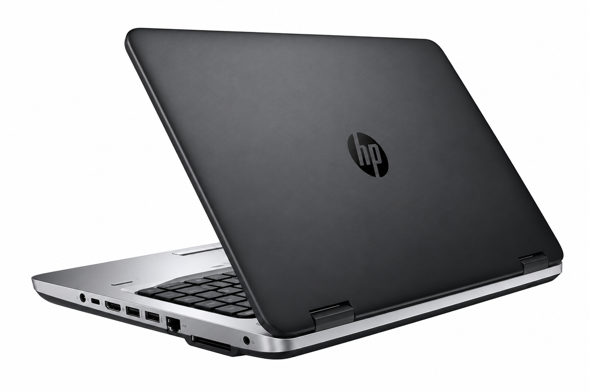 HP ProBook 640 G2 laptop with a matte black lid, silver metal chassis, and black keyboard.