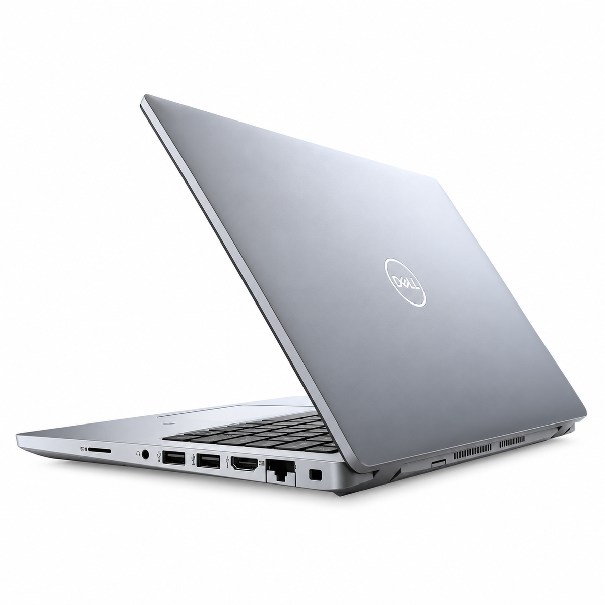 Dell Latitude 5420 laptop in silver aluminum with a smooth lid, Dell logo, black keyboard and multiple side ports.