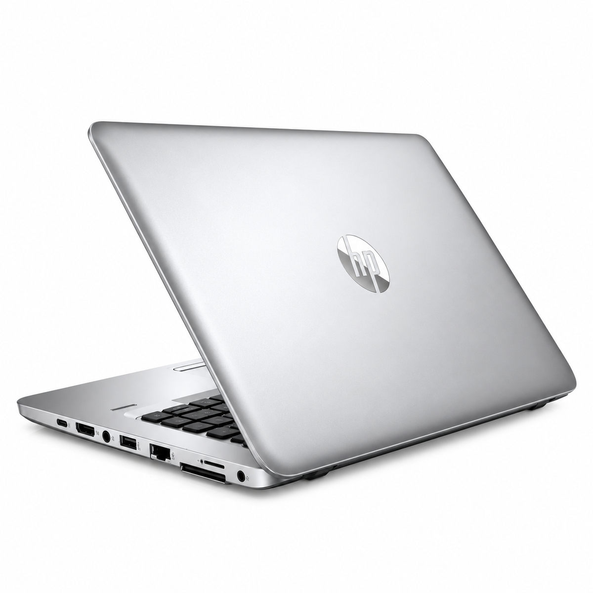 HP EliteBook 725 G4 laptop with a silver metal casing, black keyboard, and centered HP logo.