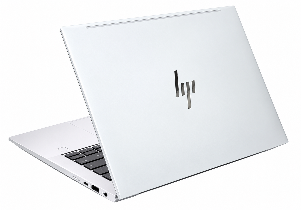 HP EliteBook 845 G9 silver laptop with a metallic finish, slim lid, centered HP logo and black keyboard