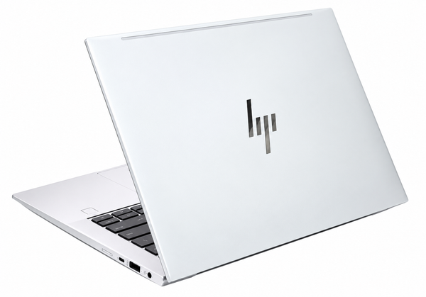 HP EliteBook 845 G9 silver laptop with a metallic finish, slim lid, centered HP logo and black keyboard